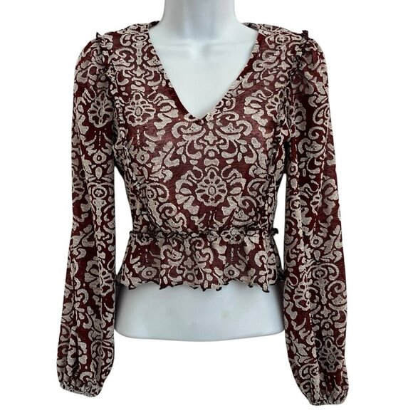 Anthropologie Tops - Anthropologie Jacquard Peasant Long Sleeve Cropped Top XXS Wine Boho Festival